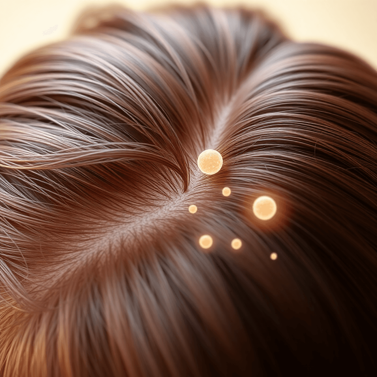 A close-up of a healthy scalp with vibrant hair, featuring glowing particles around hair follicles, symbolizing hair restoration and renewal in a soft, inviting background.